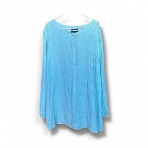 NWT Tahari Women's 3X 100% Linen Button Front Tunic‎ Top Aqua Blue Boho Resort